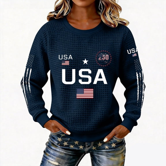longantii Patriotic Tops for Women 250th Anniversary Usa Crewneck Tees Casual Fit Long Sleeve American Flag Clothing Fourth Of July Blouses Blue M