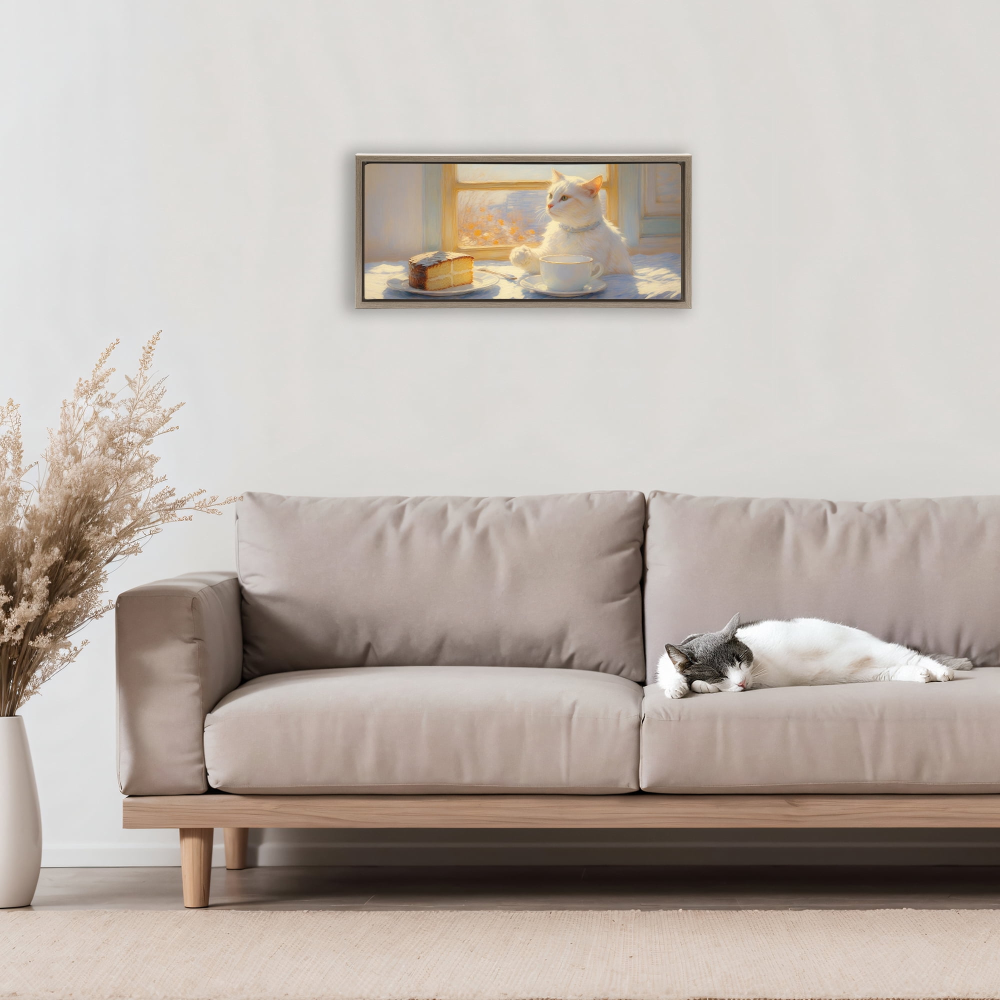 Stupell Industries Sunlit Tea Party Cat Brown Framed Floater Canvas Wall Art, design by Angie Hawke
