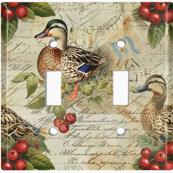 Metal Light Switch Wall Plate Outlet Cover (Printed Image of Scrapbook Art with Duck - Double Toggle)