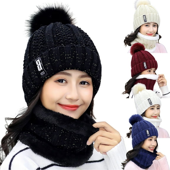 Ludlz Womens Winter Knit Beanie Hat Scarf Set for Girl Slouchy Thick Fleece Lined Ski Hat Warm Skull Cap with Pom