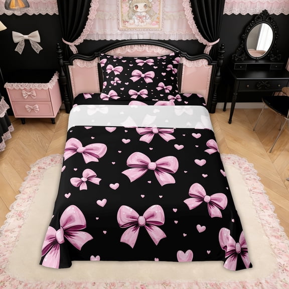 Erosebridal Bow Love Heart Twin Sheet Sets for Girls, Black Pink Bowknot Bedding for Women, 3-Piece