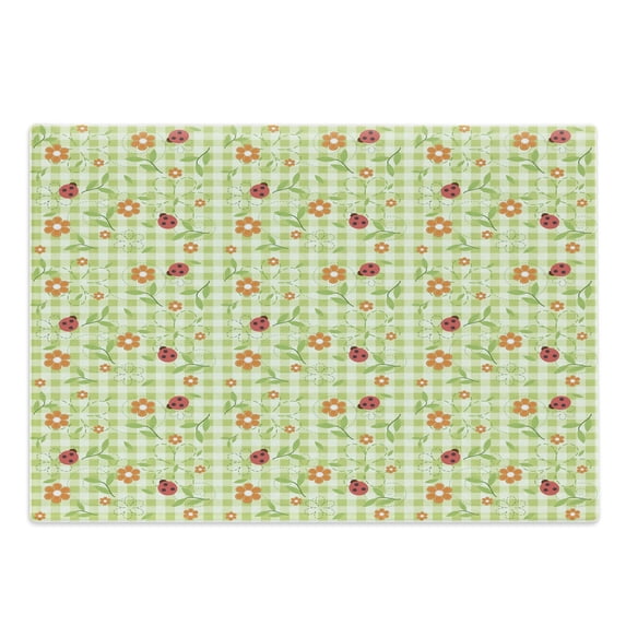 Floral Cutting Board, Flowers Ladybugs Leaves on Summer Striped Background Motif, Decorative Tempered Glass Cutting and Serving Board, Large Size, Lime Green Orange Red, by Ambesonne