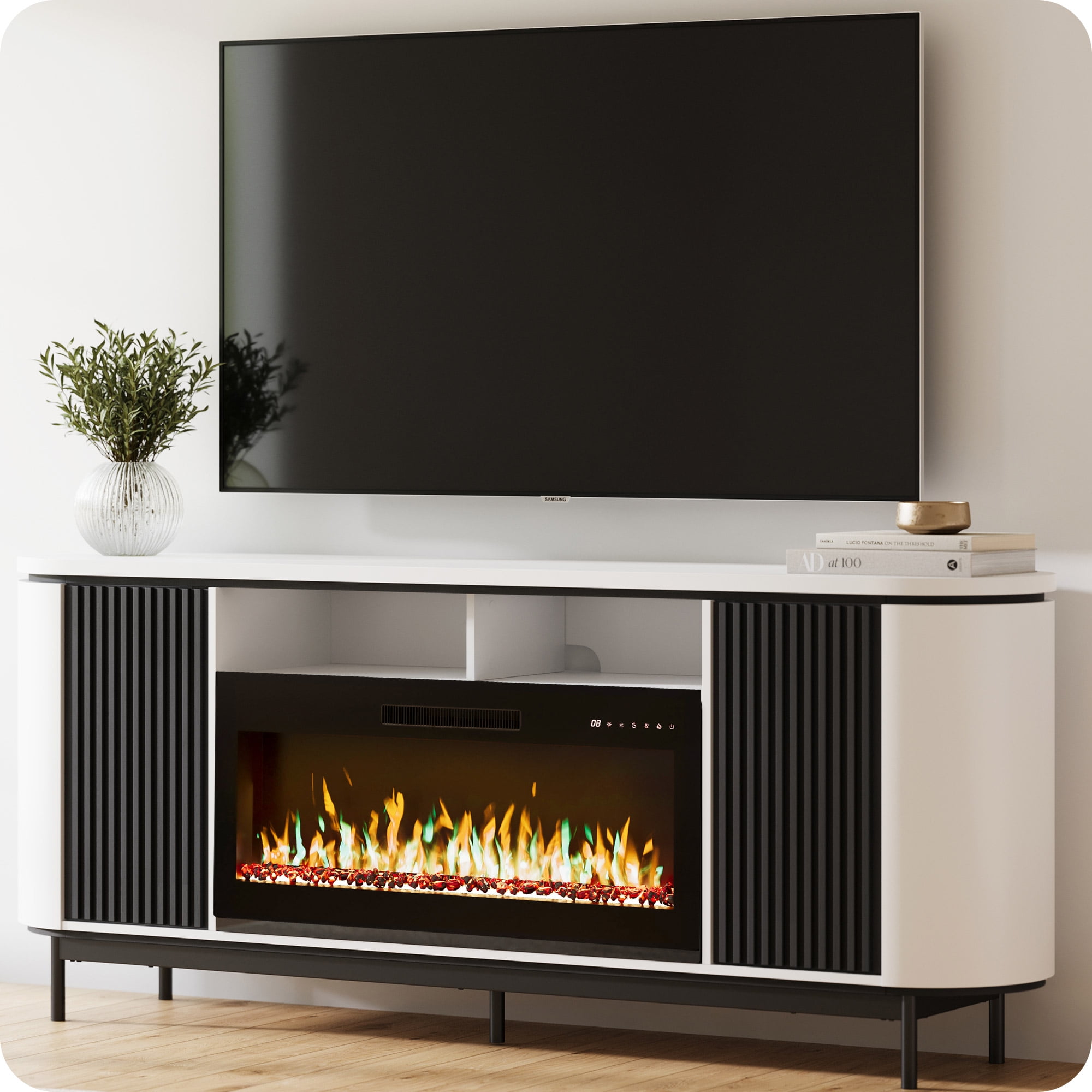 BELLEZE 76" Fluted TV Stand with 36" Electric Fireplace, Large Entertainment Center with Storage for TVs up to 80", Modern Media Console TV Cabinet for Living Room and Bedroom, White