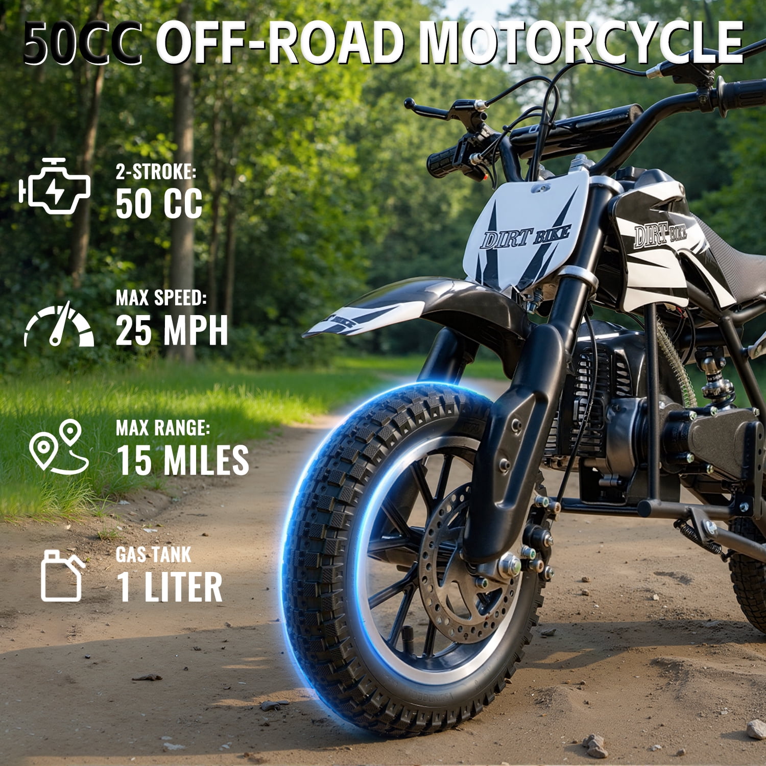 TOXOZERS 50cc 2-Stroke Dirt Bike ,Off-Road Mini Bike for Kids Ages 8+, Pit Bike with Safety Kill Switch, 25mph, 150 lbs, Black