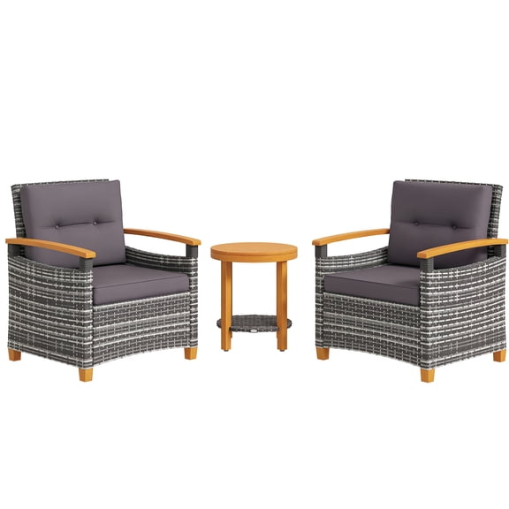 Patio Bistro Set, 3-Piece PE Rattan Wicker Outdoor Furniture with Cushions, Gray Wood and Metal Frame, Round Coffee Table and 2 Chairs for Garden, Porch, Backyard and Balcony