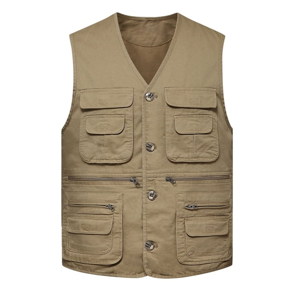 Ceisia Men's Cotton Vest Multi-Pocket Utility Vest Sleeveless Casual Outdoor Fishing Hiking Khaki L Gifts for Father
