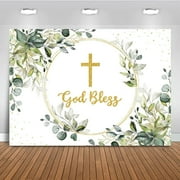 Greenery Baptism Backdrop Green and Gold God Bless Background First Holy Communion Christening Party Cake Table Decoration Banner Photo Booth Props