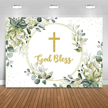 Greenery Baptism Backdrop Green and Gold God Bless Background First Holy Communion Christening Party Cake Table Decoration Banner Photo Booth Props
