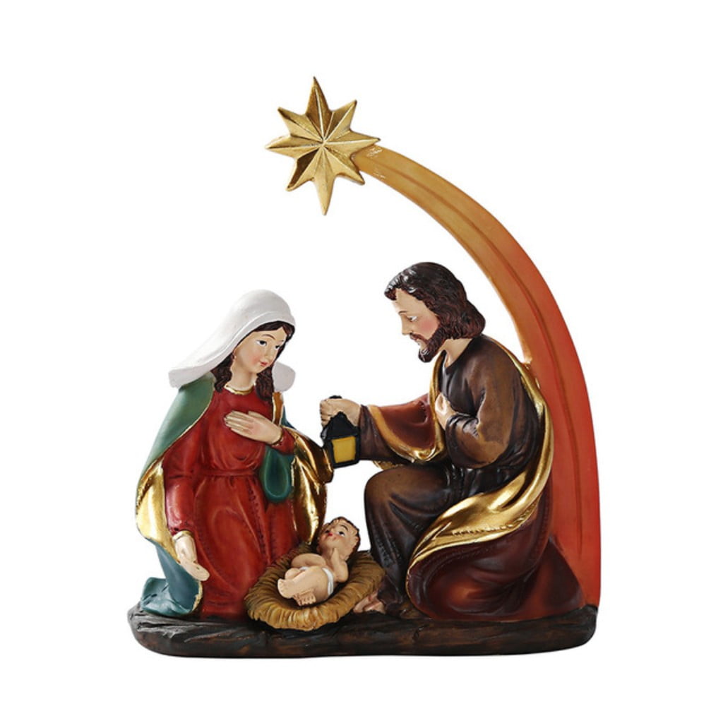 Xmas Holy Family Christmas Ornament 3 Figures Traditional Decoration Wood Effect 
