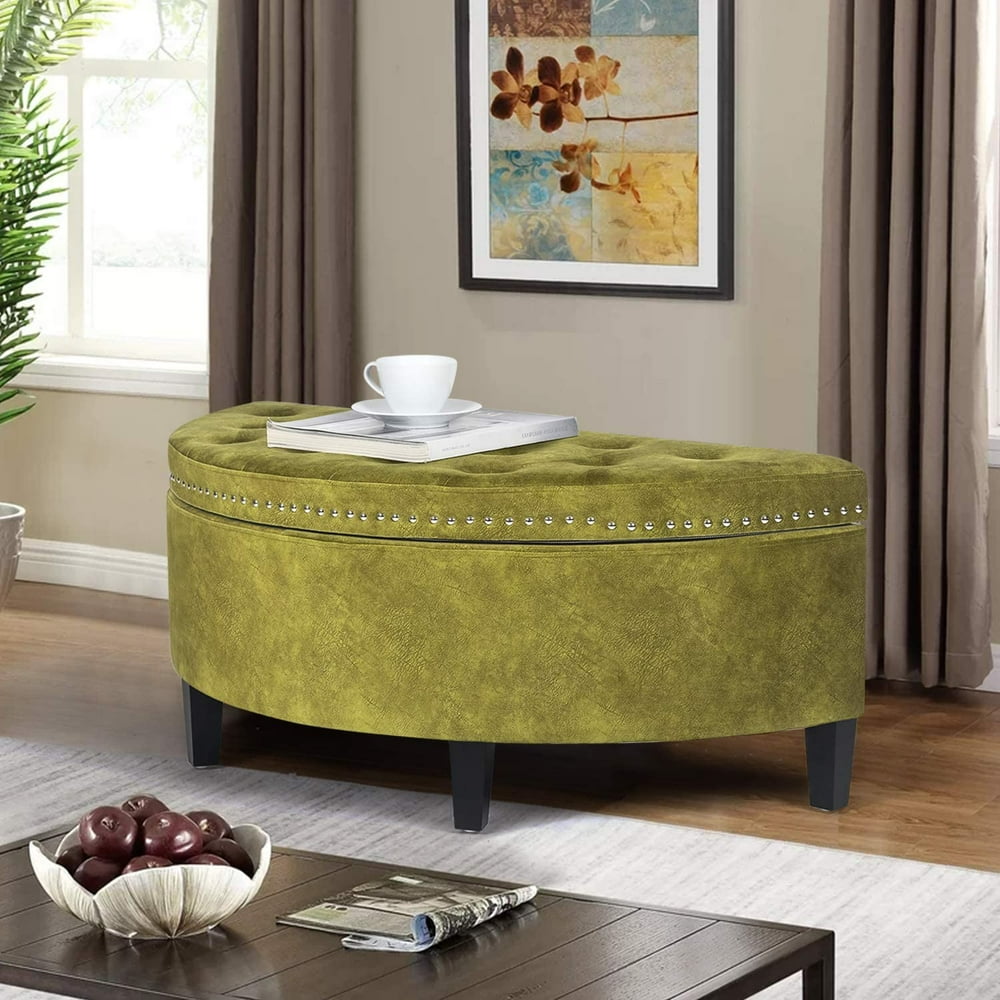 Homebeez Fabric Storage Ottoman Bench Half Moon Bench Olive Green