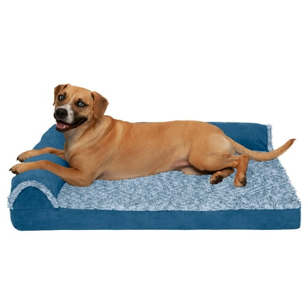 UPC: 0842229123883 | FurHaven Pet Products Two-Tone Faux Fur & Suede Cooling Gel Top Deluxe L-Chaise Pet Bed for Dogs & Cats – Marine Blue Large