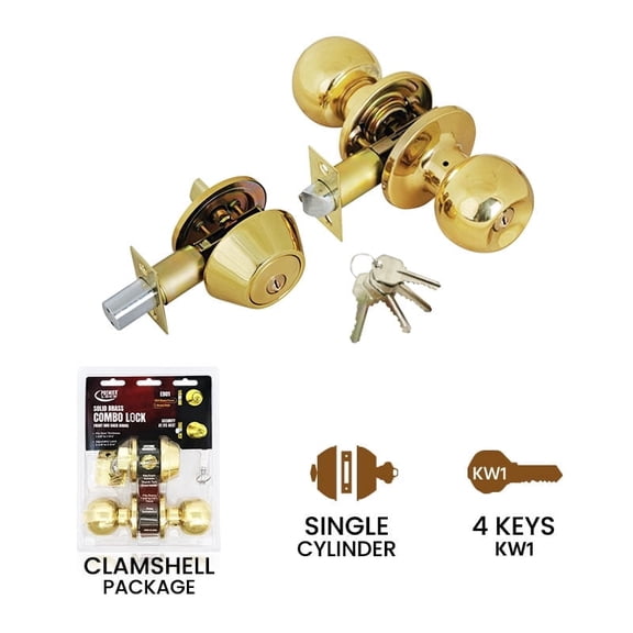 Premier Lock Entry Knob Combo Set, Deadbolt, Brass, 4 KW1 Keys