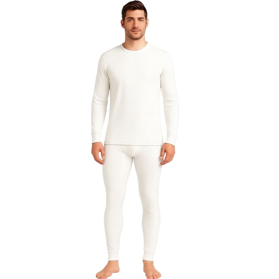 Men’s Thermal Top – White Waffle Texture, Warm Long Sleeve Undershirt, S