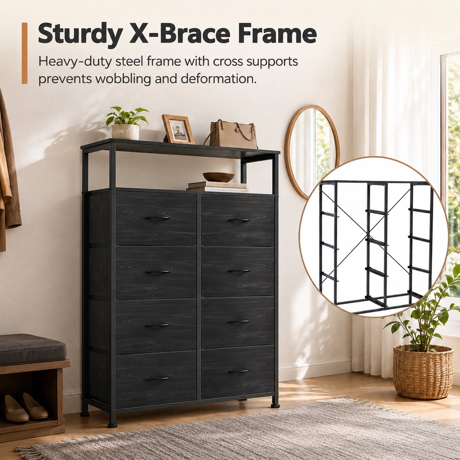 Alvantor 8-Drawer Fabric Dresser with Open Shelf, Chest of Drawers, Steel, MDF, Storage Organizer Unit, Closet, Entryway