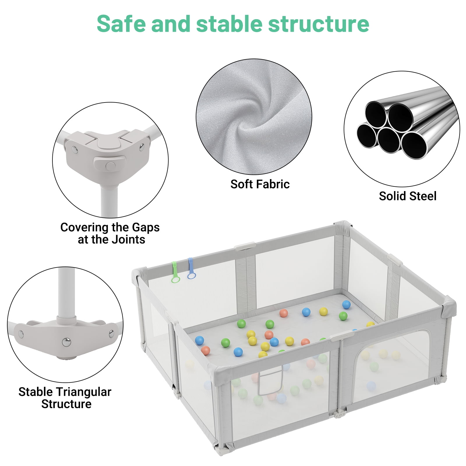 73“×61” Baby Playpen with Mat, Extra Large Baby PlayYards,Child Play Yard with Breathable Mesh for Indoor&Outdoor, Light Gray