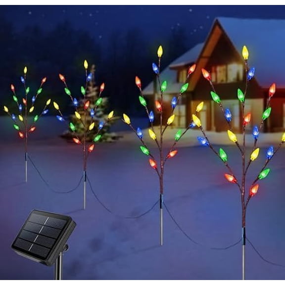 Ninonly Set of 4 Solar Christmas Pathway Lights, 80 LEDs Christmas Strawberry Stake Lights, 8 Modes Christmas Tree Lights, Waterproof Christmas Outdoor Decorations for Garden Porch Patio Yard