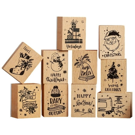 10 Pcs Wooden Stamps Set Wooden Rubber Stamps for Card Making Merry Christmas Pattern Rubber Stamp for DIY Craft Card and Scrapbooking