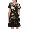 thumbnail image 1 of Balery Gold Rose Skull Vestidos sueltos de manga corta para mujer, vestidos de verano 2025, vestidos casuales de corte A con vuelo., 1 of 6
