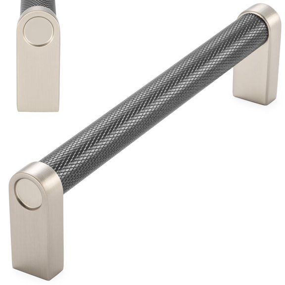 KOOFIZO 10 Pack Cabinet Knurled Pull - Black Bar with Brushed Nickel Foot Furniture Handle, 5 Inch/128mm Screw Spacing