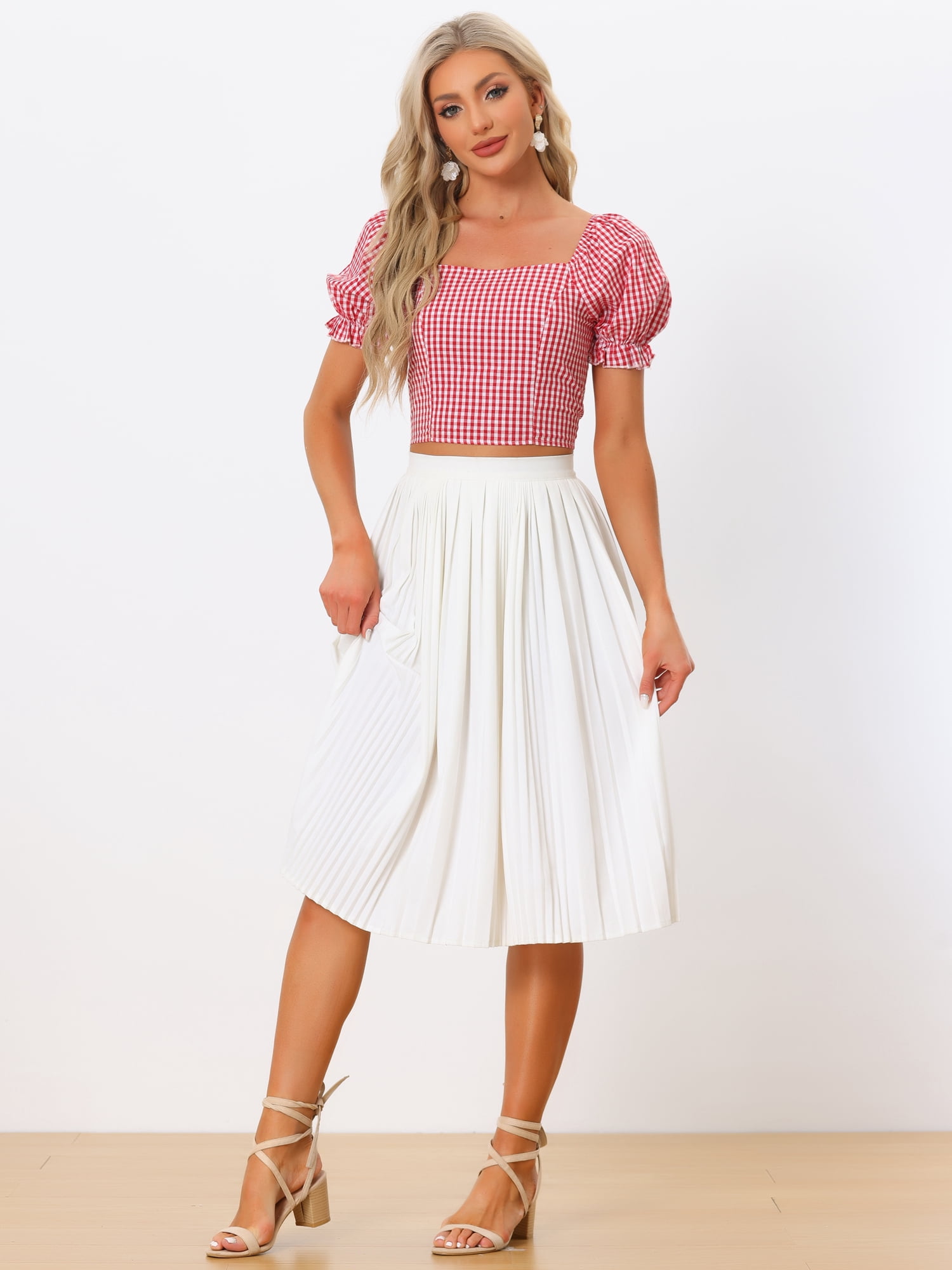 DARING DIVA Women's Smocked Crop Gingham Blouse Top XL Red