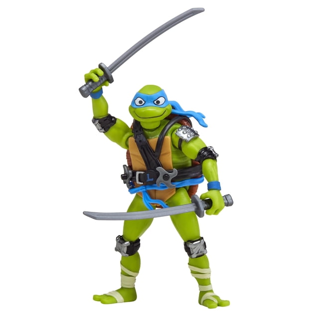 tales of teenage mutant ninja turtles: mutations mix & match 4.5 leonardo basic action figure asst by playmates toys figura de acción Leonardo 4.5" en vista frontal 3/4 con katanas en ambas manos, banda azul en el rostro, peto marrón con correas negras y detalles metálicos en hombreras y brazaletes; accesorios Mix & Match visibles (cabeza de Metalhead y brazo de Splinter incluidos) sobre fondo blanco. Suele usarse también para displays de colección o juego creativo.