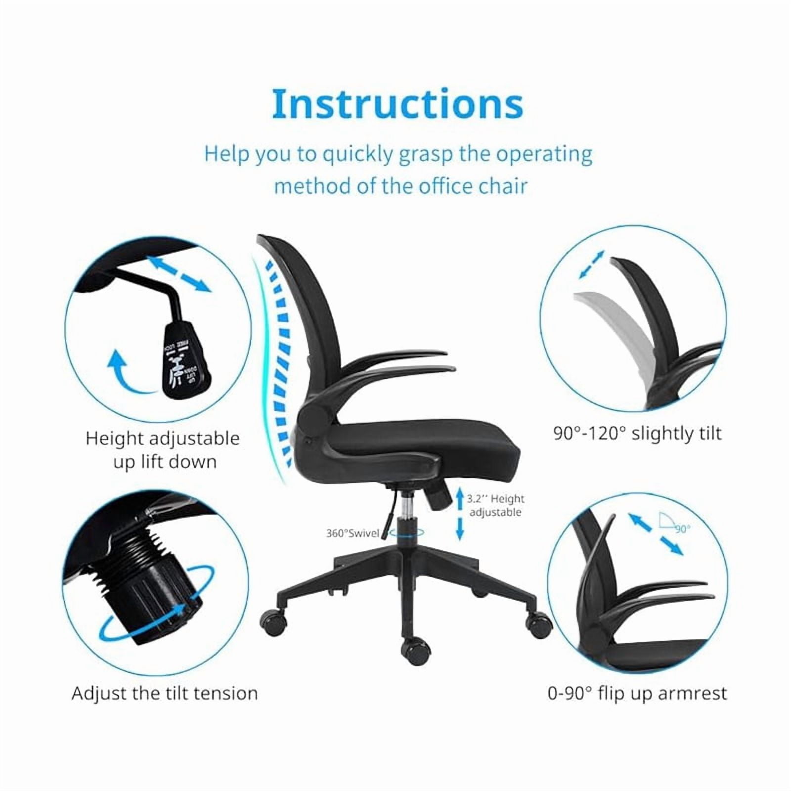 IPKIG Ergonomic Office Chair Mesh w/ Foldable Backrest, Mesh Home Office Computer Task Desk Chairs with Adjustable Arms & 360 Degree Universal Wheels (Black)