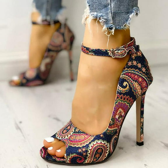 asdoklhq Women's Sandals Shoes,Women's Sandals On Clearance,Women's Vintage Ethnic Printed Fish Mouth Open Toe Belt Buckle High Heel Sandals