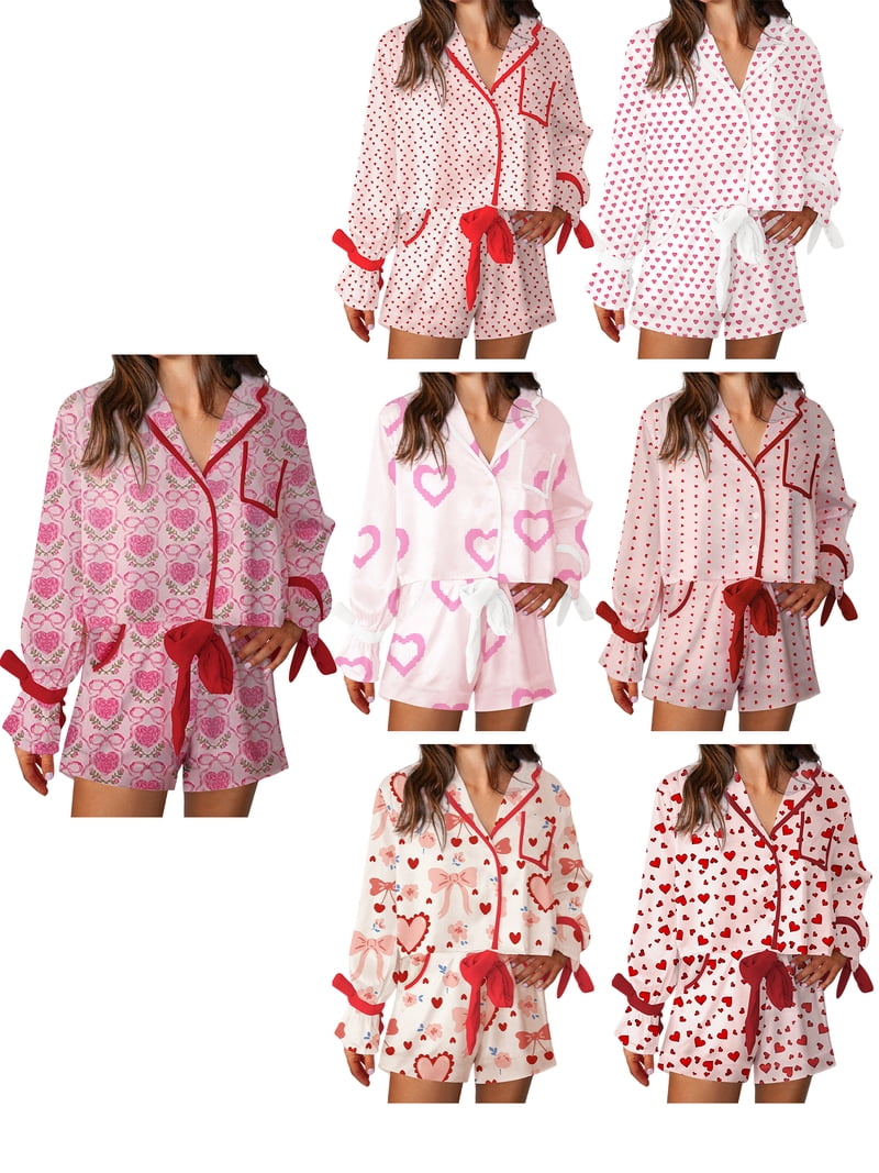 Saodimallsu Women's Valentine's Day Pajama Set - Heart Print Lounge Set With Sweater & Shorts