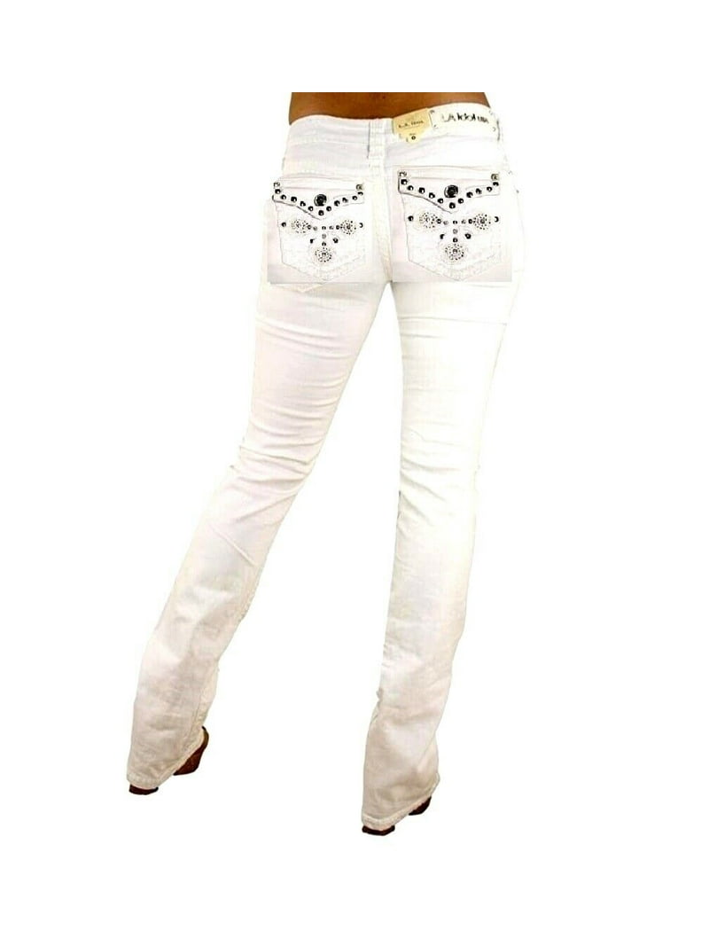 LA Idol Women's Rhinestone Mid Rise Bootcut Stretchy Denim LA Idol Women's Rhinestone Mid Rise Bootcut Stretchy Denim