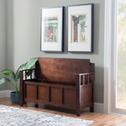 Linon Cynthia Wood Storage Bench FlipTop Slat Back & Side in Walnut Brown Finish