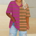 thumbnail image 3 of New Summer Arrivals Olyvenn Fashion Striped Shirts for Women Plus Size Summer Tops Casual V Neck Blouses Oversized Shirt Color Block Graphic Tees Hot Pink XXXXL, 3 of 4