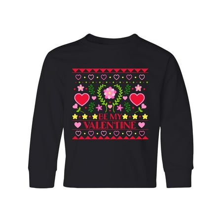 

Inktastic Be My Valentine Ugly Sweater Style with Flowers and Hearts Youth Long Sleeve T-Shirt