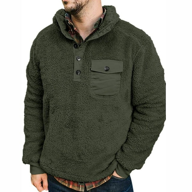 Men‘s Winter Fleece Pullover Sweatshirt Jacket Button Collar Warm Sweater Coat