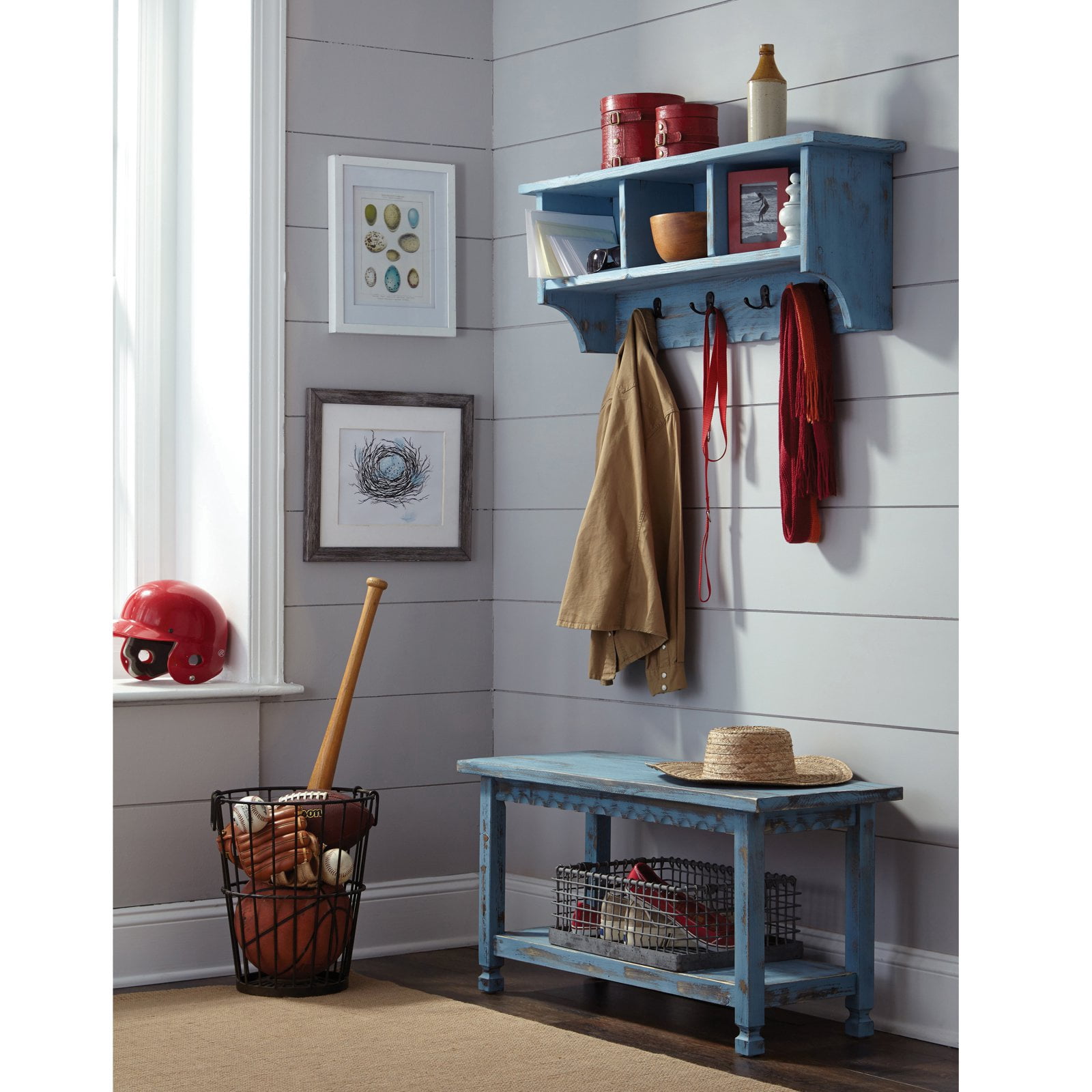 Country Cottage Coat Hooks and Bench Set, Blue Antique Finish