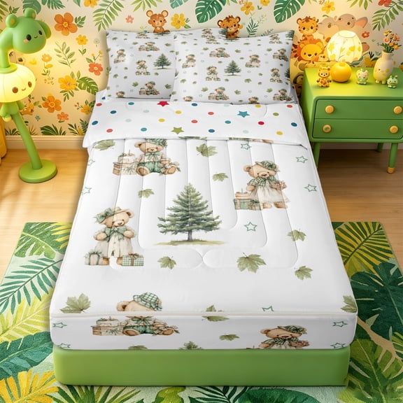 Castle Fairy Kawaii Animal Bear Zipper Twin Comforter Sets with Fitted Sheet and 2 Pillowcases,Cartoon Wildlife Zipper Bedding Set,Sage Off White,Reversible,4-Piece