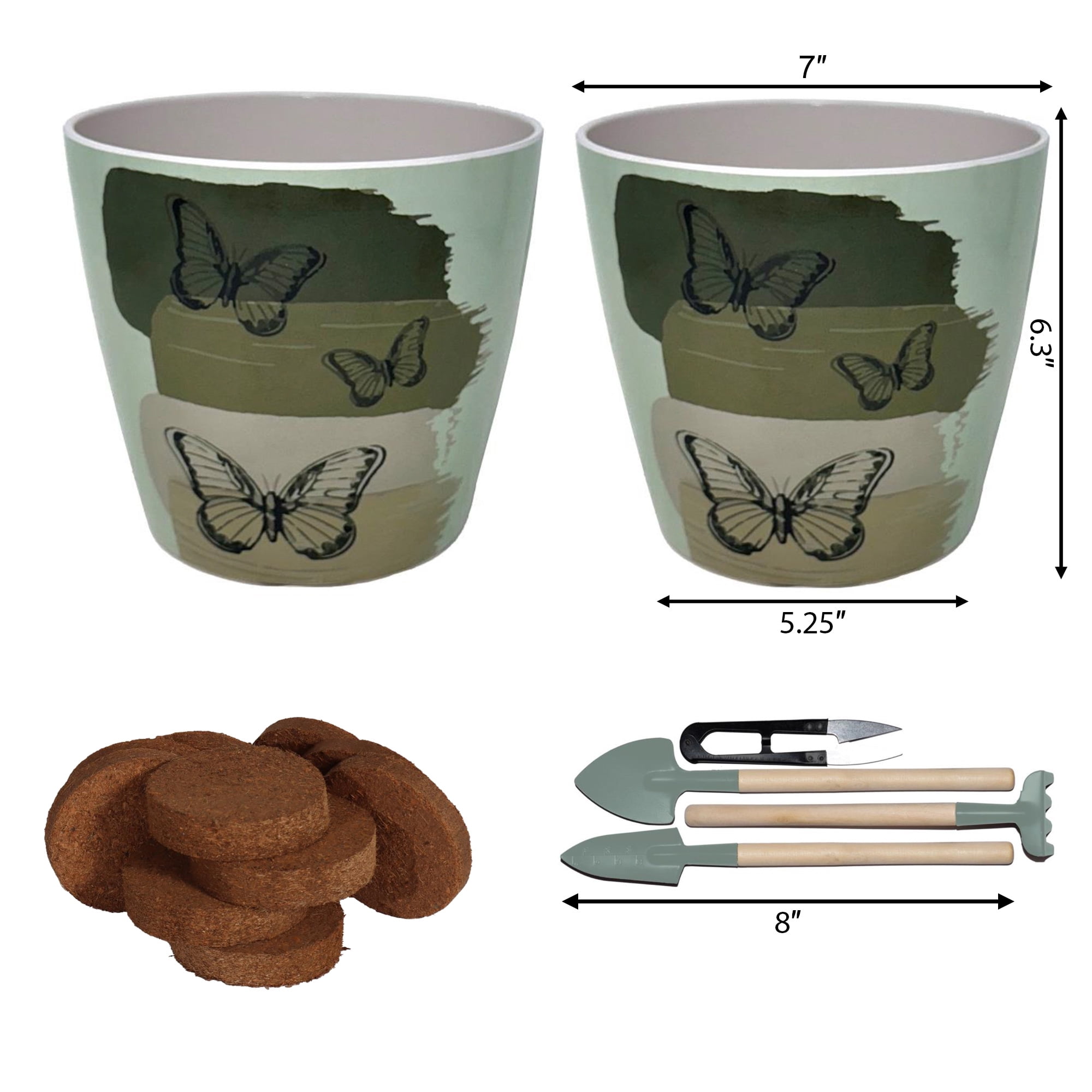 7″ Butterfly Bamboo Self-Watering Planter Kit – Set of 2 Indoor Plant Pots with Coir Soil & 4-Piece Gardening Tool Set