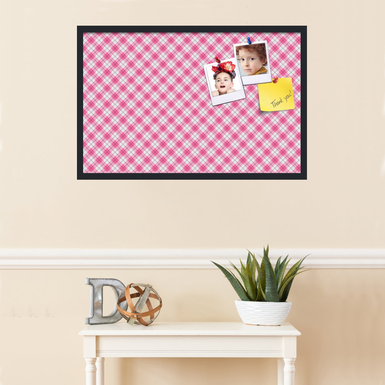 PinPix ArtToFrames 32x20 Custom Cork Bulletin Board Argyle Pink   Poster Board Has a Fabric Style Canvas Finish, Framed in Satin Black (PinPix-635)