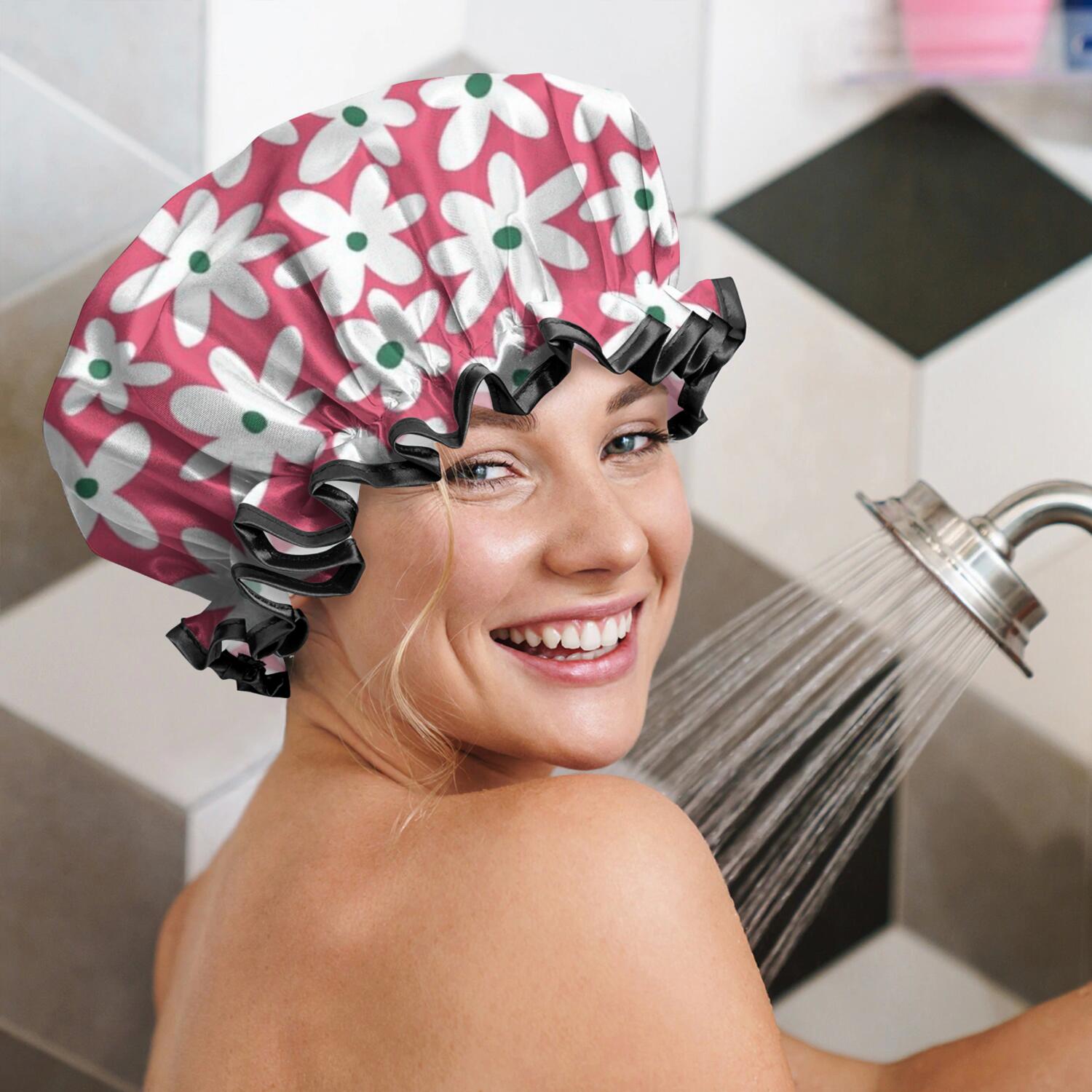 Shower Caps,Red Daisy Flower Green Centers Pattern Waterproof Shower Cap for Women 4 Pieces,Double Reusable Hair Cover for Shower PEVA Elastic Stretch Hem