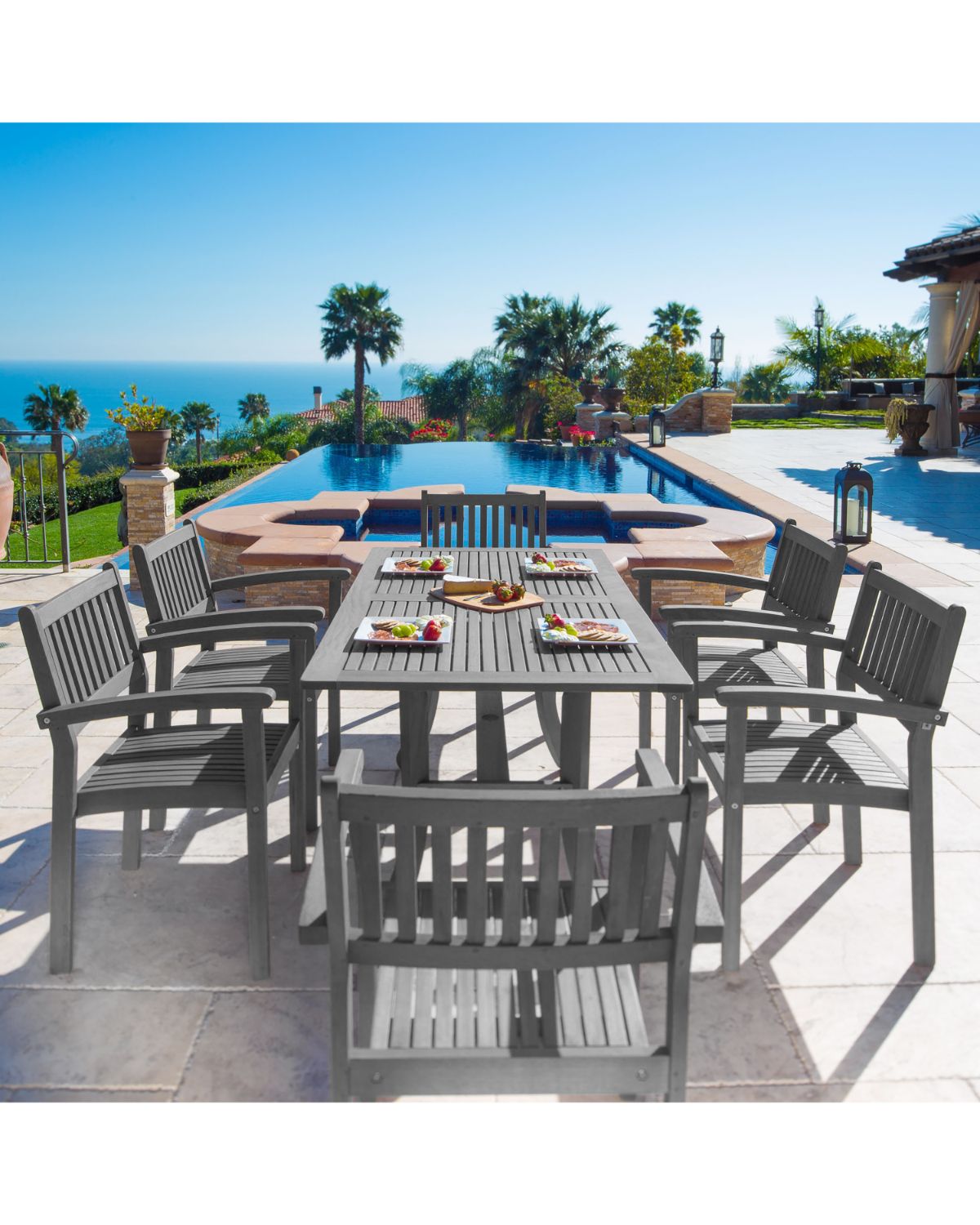 7-Piece Gray Hand Scraped Wood Finish Table Outdoor Furniture Patio Dining Set with Curvy Leg Table 59" - image 2 of 8
