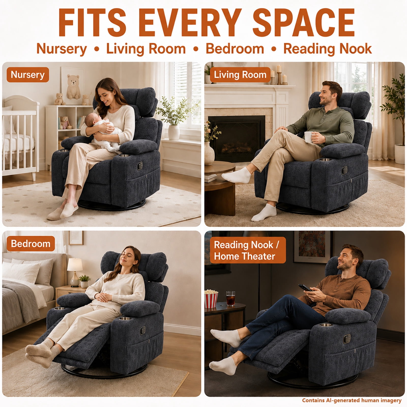 Leumius 360° Swivel Recliner Chair, Single Recliner with Adjustable Detachable Neck Pillow Ergonomic and Cup Holders, 300lbs Capacity Versatile Lounge Chair for Living Room Bedroom Home Theater