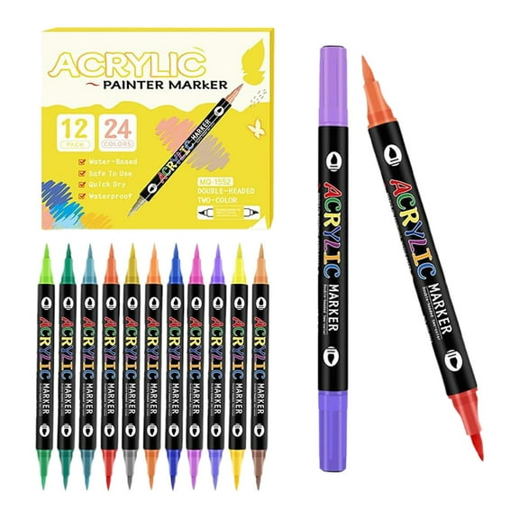 Brush Tip Acrylic Paint Pens, Rock Painting Craft Markers 12 Pack 24 Colors Dual Tip Waterproof Art Markers for Canvas Wood Ceramic DIY Decor