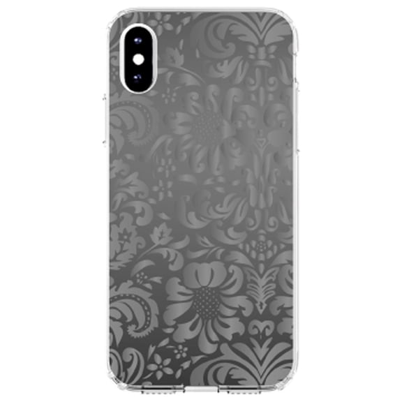 DistinctInk Clear Shockproof Hybrid Case for iPhone X / XS (5.8" Screen) - TPU Bumper, Acrylic Back, Tempered Glass Screen Protector - Shades of Grey Floral Pattern