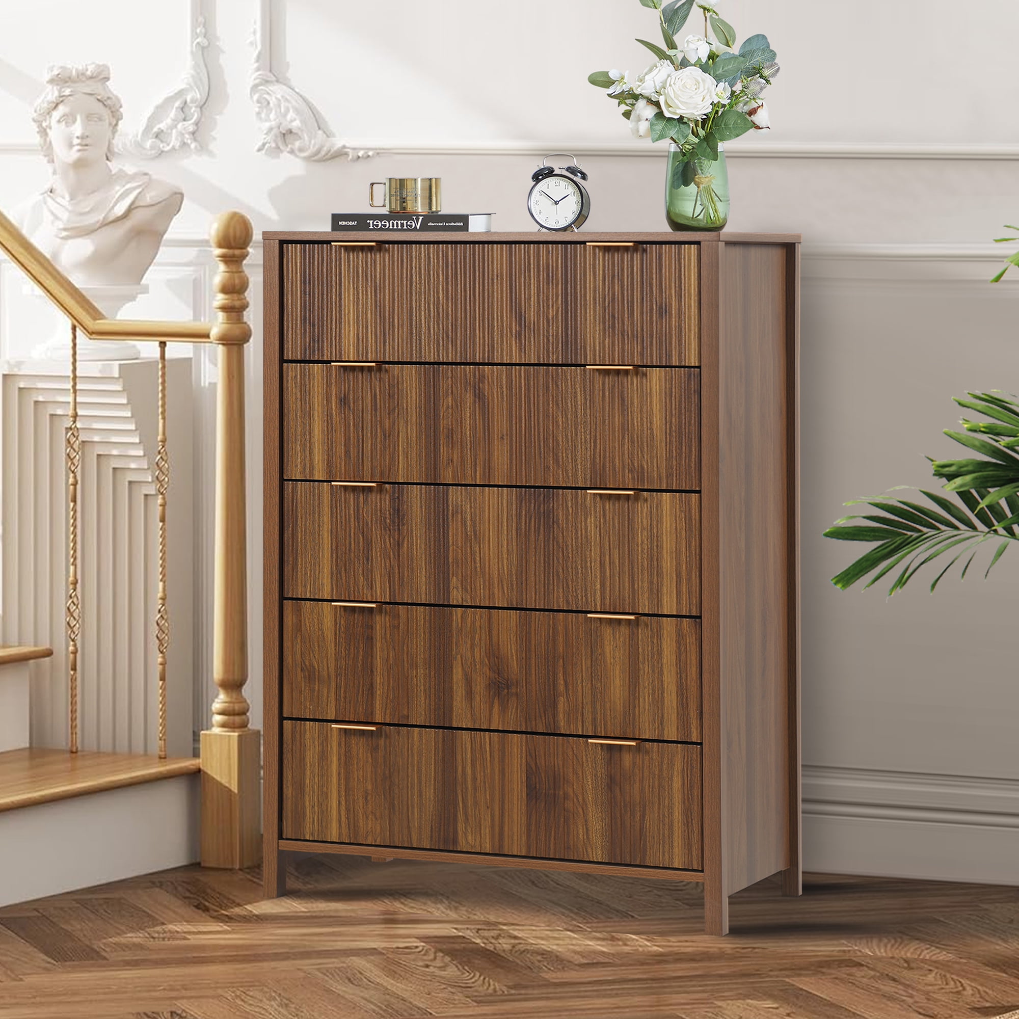 Weselon 5 Drawer Fluted Dresser for Bedroom, Modern Closet Chest of Drawers with Waveform Panel, Wood Storage Dresser Organizer, Walnut