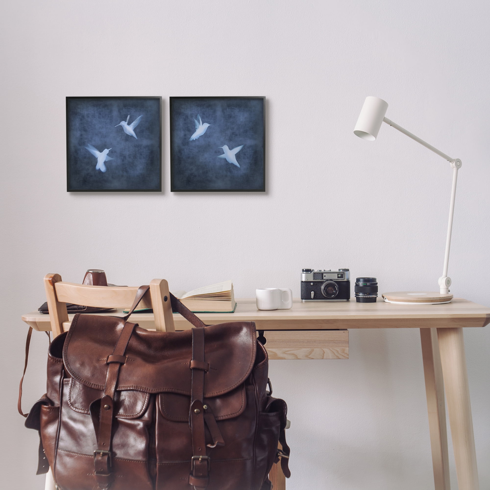 Stupell Modern Blue Birds Flying Silhouettes Animals & Insects Painting Black Framed Art Print Wall Art, Set of 2
