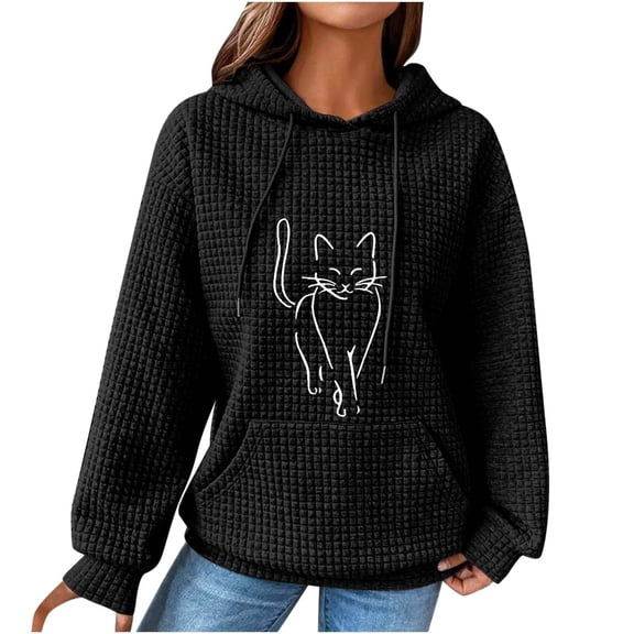 ManxiVoo Women Trendy Oversized Knit Hoodies with Cute Cat Graphic Long Sleeve Drawstring Sweatshirts for Casual Fashion Comfort L Size Black