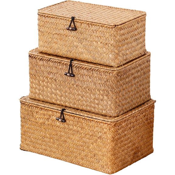 Storage Basket with Lid, Natural Seagrass Bin with Lid Set of 3, Shelf Baskets Multipurpose Container for Boho Decoration, Rectangular Household Storage Boxes for Home Organization