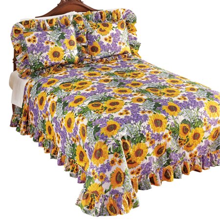 Yellow Sunflower And Lavender Plisse Ruffled Bedspread Seasonal