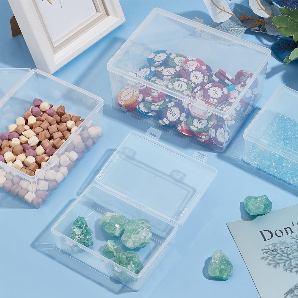 1 Bag 4 Sizes Bead Storage Organizer Box Rectangle Clear PP Plastic Box Containers Dustproof Case with Hinged Lid for Cards Beads and Craft Supplies