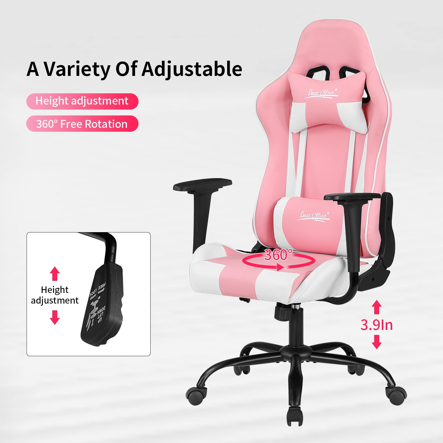 BestOffice Ergonomic Gaming Chair, Lumbar Support, Rolling Swivel for Women(Pink)