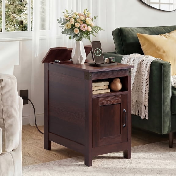 GALAXHERO End Table with Charging Station Narrow Side Table with Storage Night Stand with USB Ports and Outlets Small Wooden Cabinet for Living Room and Bedroom Espresso